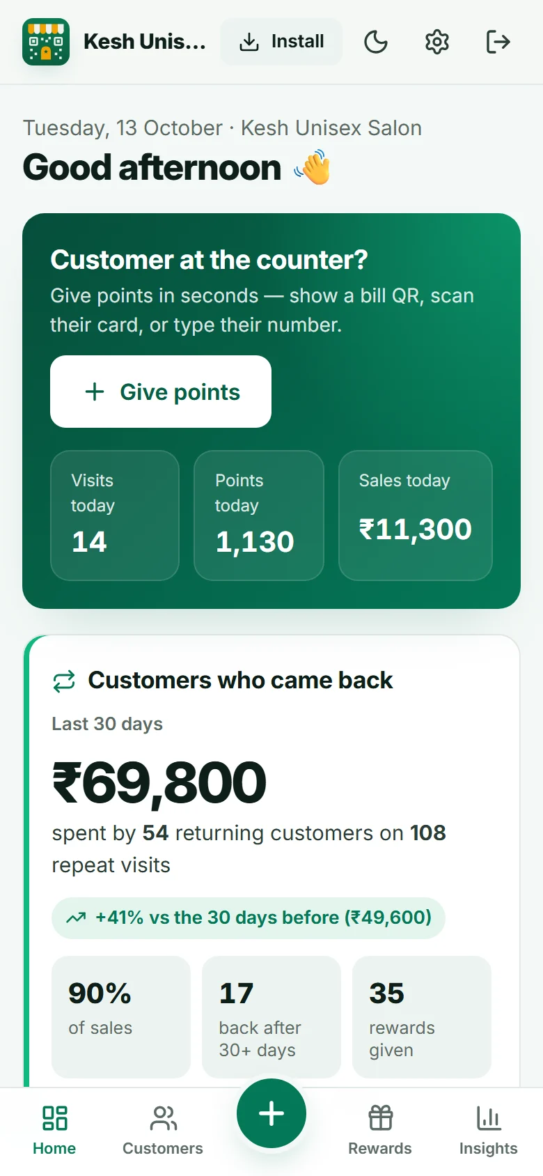 Regularhood dashboard at a salon: today’s visits and sales, and what returning customers spent in 30 days